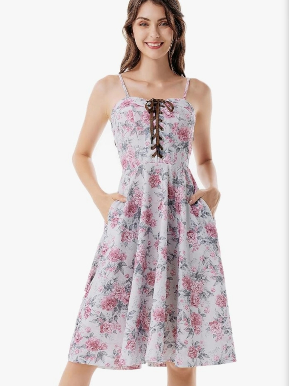 Scarlet Darkness Pink Floral Lace-Up Spaghetti Strap Midi Dress w/ Pockets